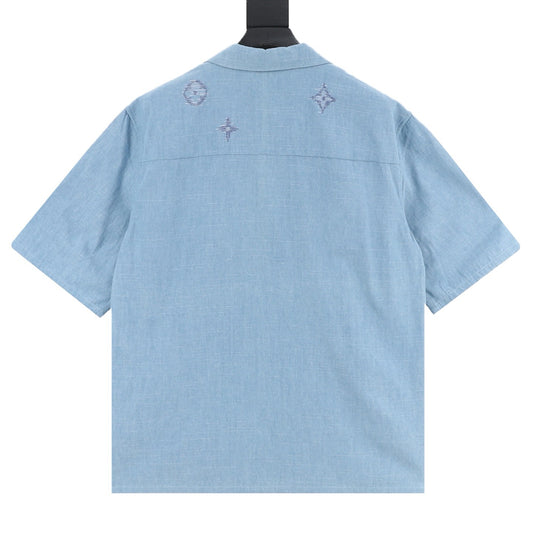 Louis Vuitton Embroidered Chambray Short-Sleeve Shirt - Blue product detail 2