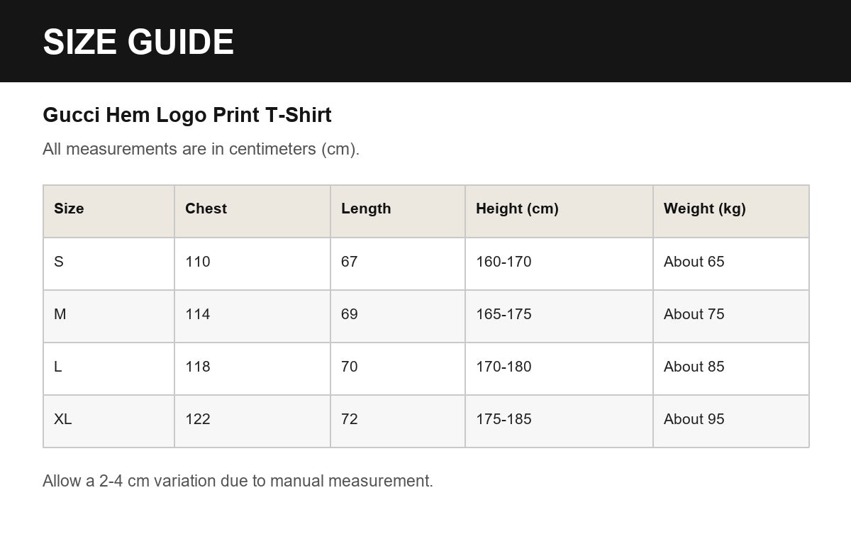 Gucci Hem Logo Print T-Shirt English size guide