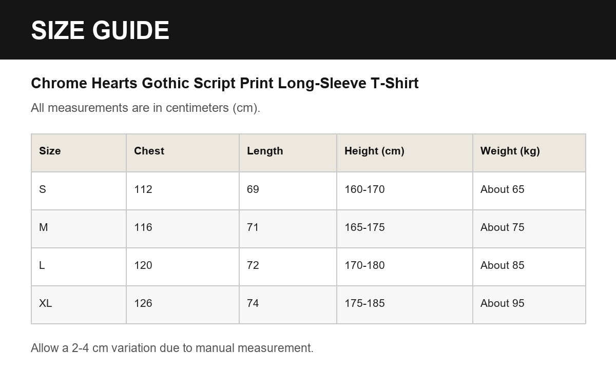 Chrome Hearts Gothic Script Print Long-Sleeve T-Shirt English size guide