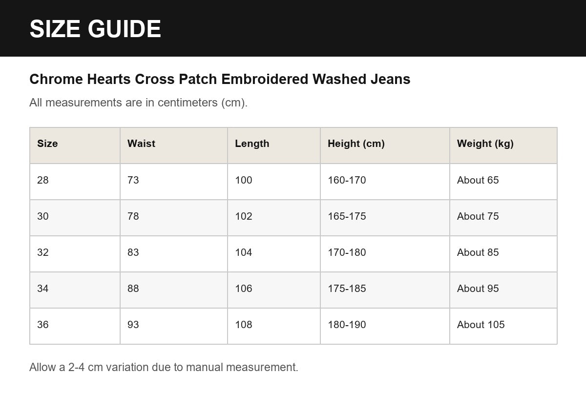 Chrome Hearts Cross Patch Embroidered Washed Jeans English size guide