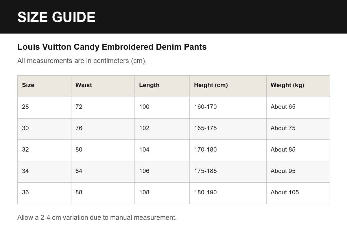 Louis Vuitton Candy Embroidered Denim Pants English size guide