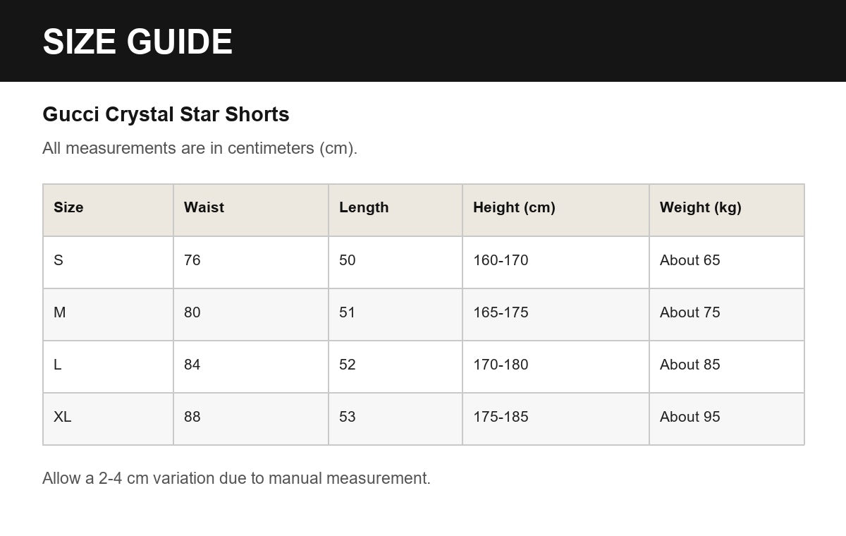 Gucci Crystal Star Shorts English size guide