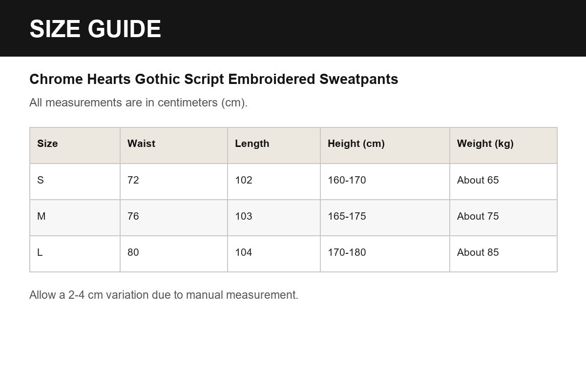 Chrome Hearts Gothic Script Embroidered Sweatpants English size guide