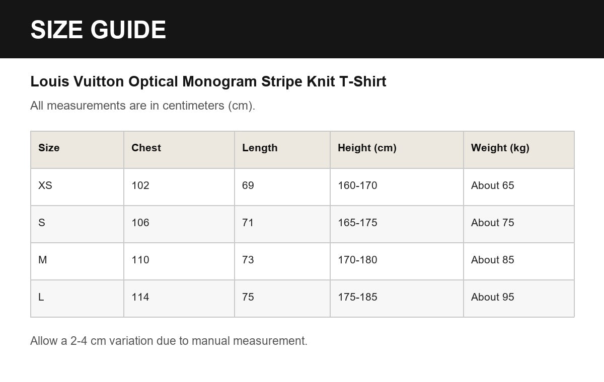 Louis Vuitton Optical Monogram Stripe Knit T-Shirt English size guide