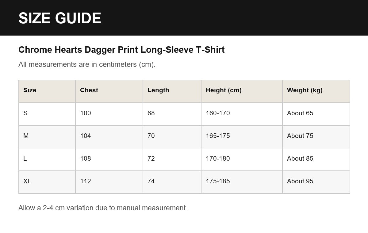 Chrome Hearts Dagger Print Long-Sleeve T-Shirt English size guide