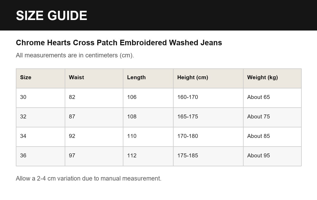Chrome Hearts Cross Patch Embroidered Washed Jeans English size guide
