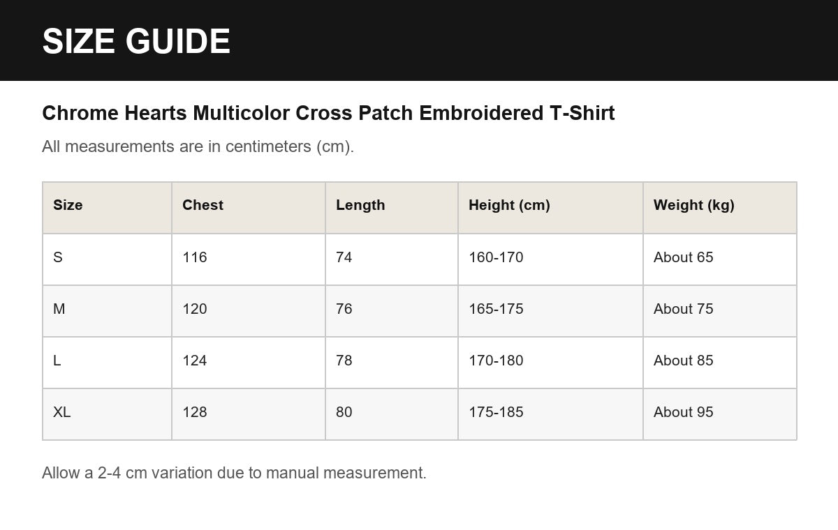 Chrome Hearts Multicolor Cross Patch Embroidered T-Shirt English size guide