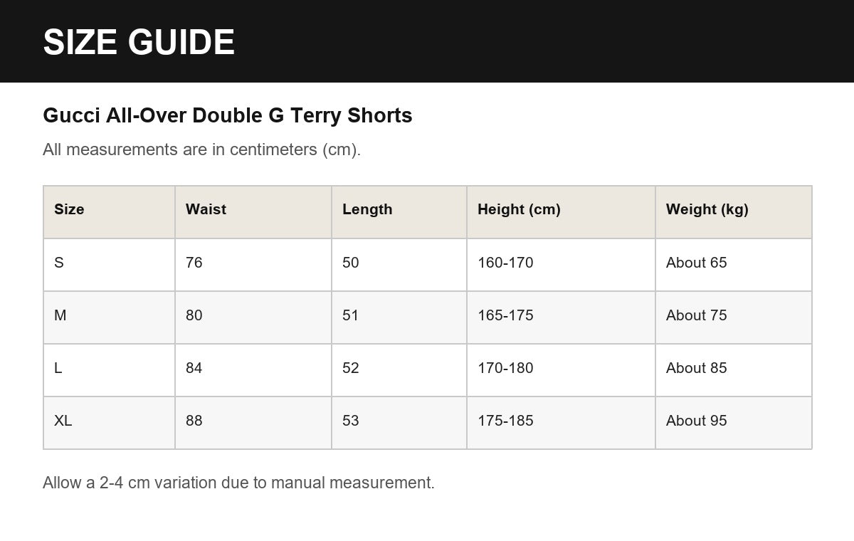 Gucci All-Over Double G Terry Shorts English size guide