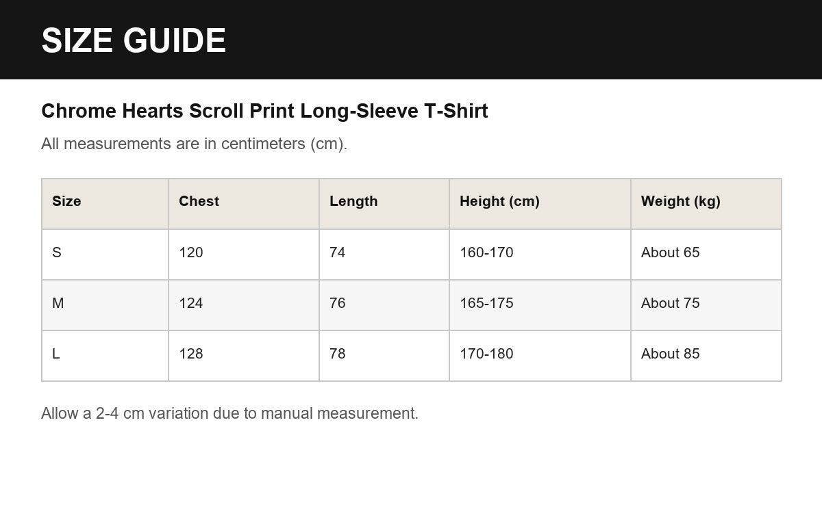 Chrome Hearts Scroll Print Long-Sleeve T-Shirt English size guide
