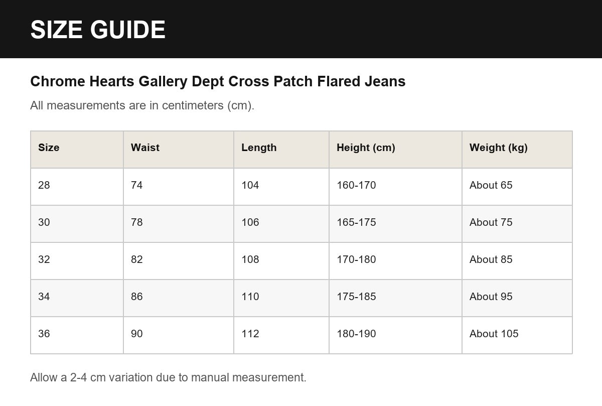 Chrome Hearts Gallery Dept Cross Patch Flared Jeans English size guide