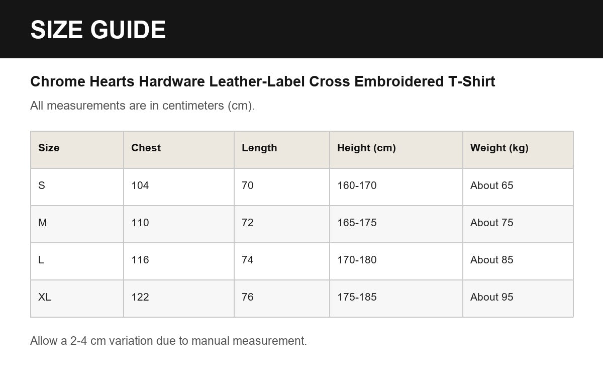 Chrome Hearts Hardware Leather-Label Cross Embroidered T-Shirt English size guide