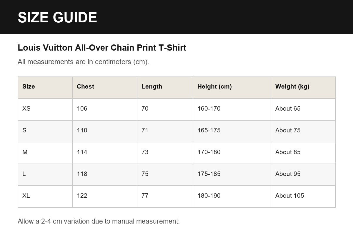 Louis Vuitton All-Over Chain Print T-Shirt English size guide