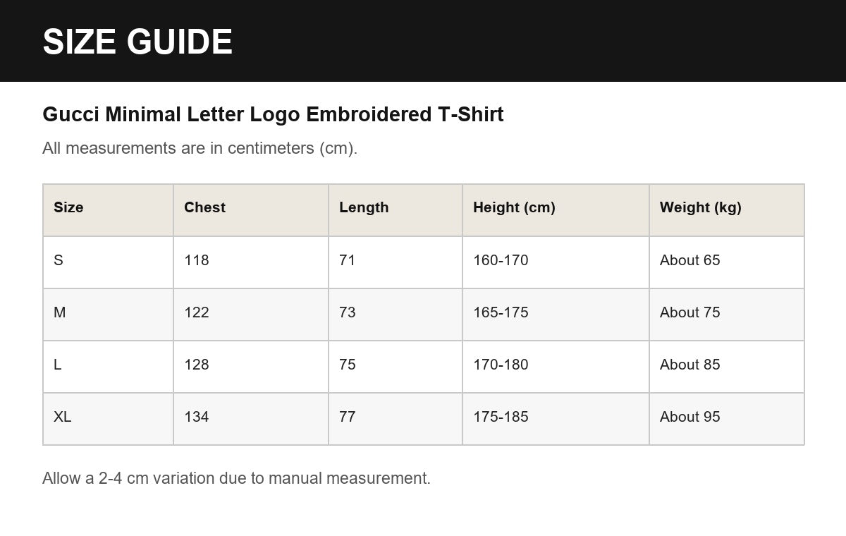 Gucci Minimal Letter Logo Embroidered T-Shirt English size guide