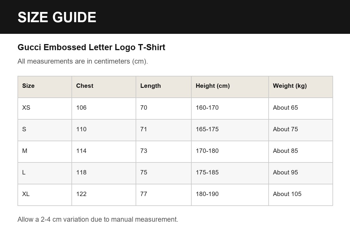 Gucci Embossed Letter Logo T-Shirt English size guide