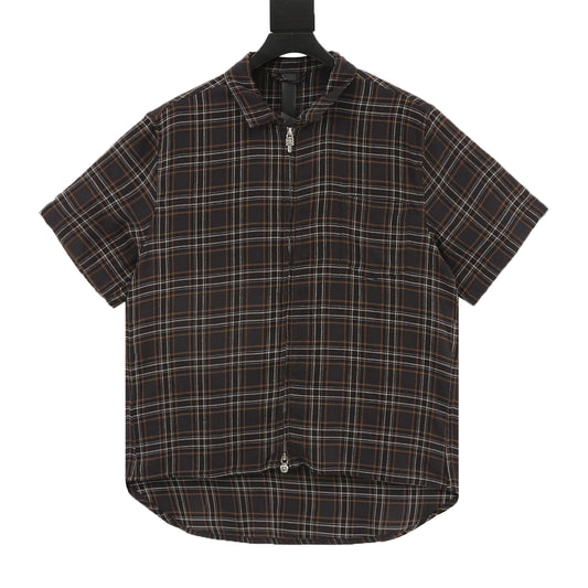 Chrome Hearts Flannel Zip Plaid Short-Sleeve Shirt front view