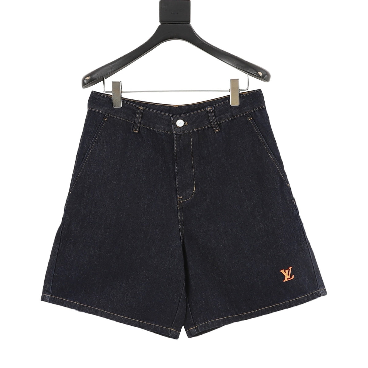 Louis Vuitton Leather-Patch Denim Shorts - Dark Blue front view