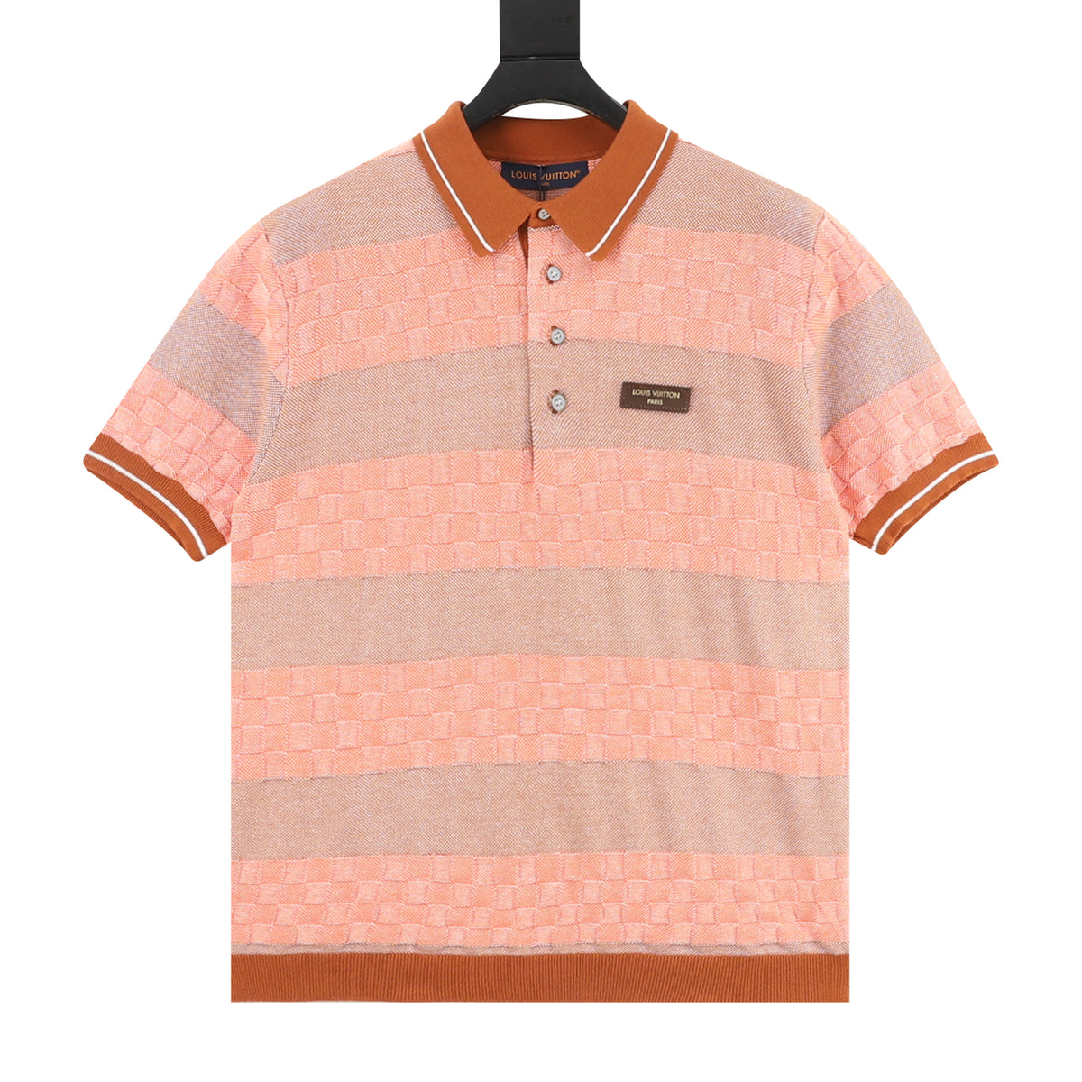 Louis Vuitton Leather-Label Striped Damier Knit Polo Shirt front view