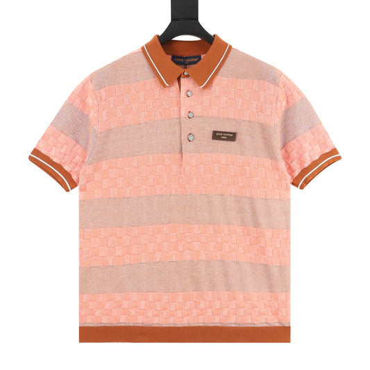 Louis Vuitton Leather-Label Striped Damier Knit Polo Shirt front view