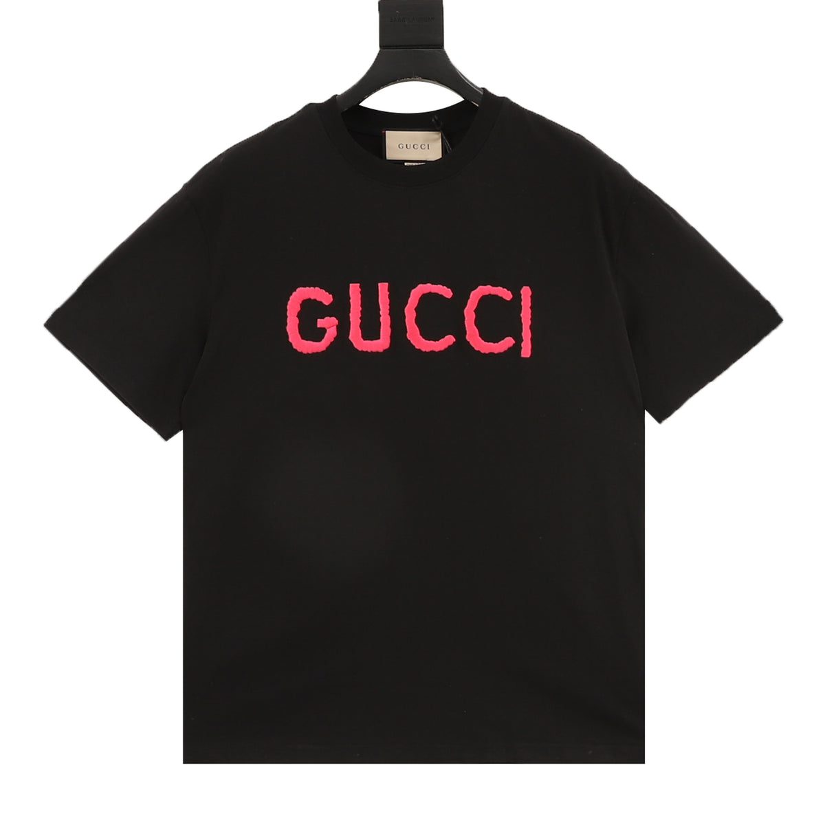 Gucci Pink Letter Logo Embroidered T-Shirt front view
