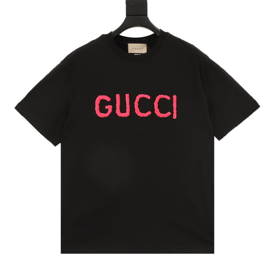 Gucci Pink Letter Logo Embroidered T-Shirt front view