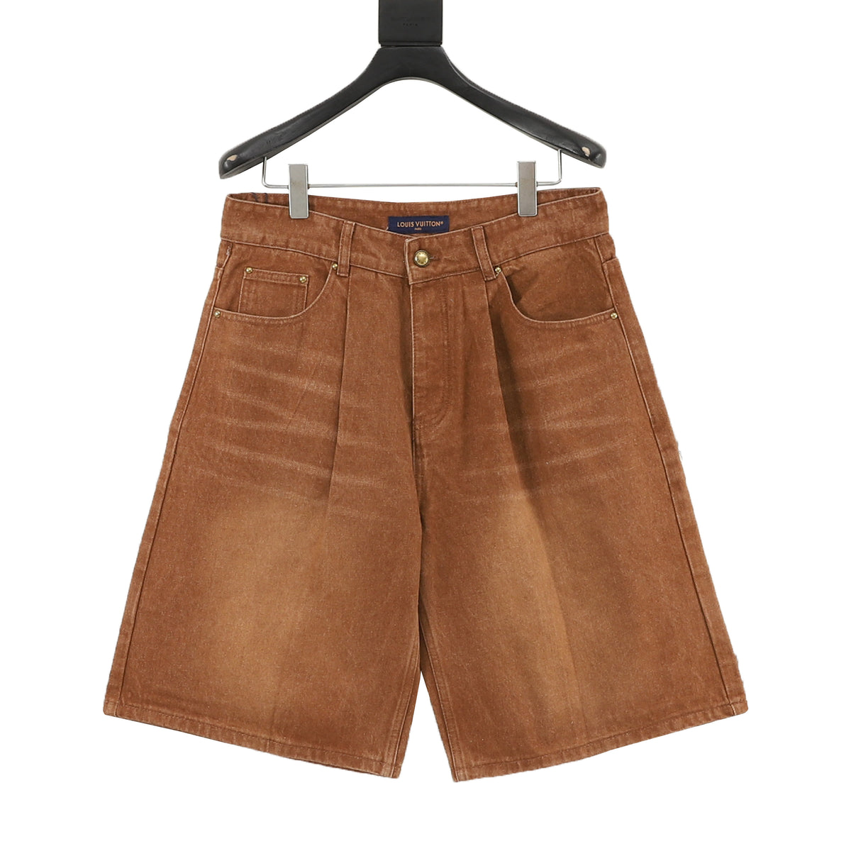 Louis Vuitton Leather-Patch Washed Wide-Leg Denim Shorts - Blue front view