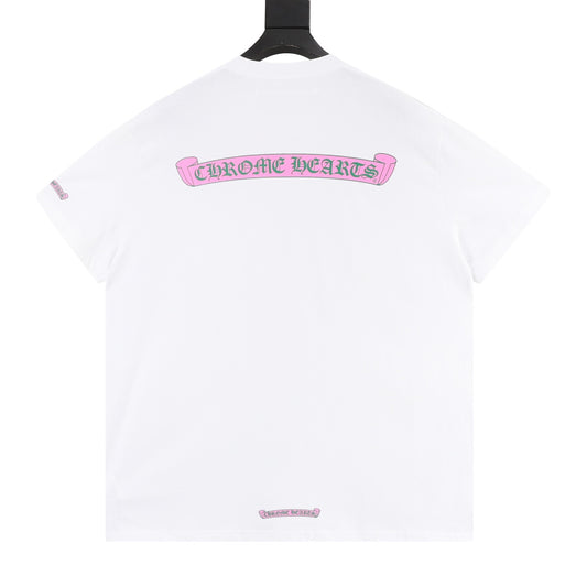 Chrome Hearts Pink and Green Gothic Scroll Print T-Shirt front view