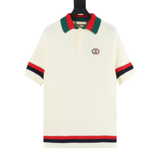 Gucci Double G Embroidered Panel Knit Polo Shirt front view