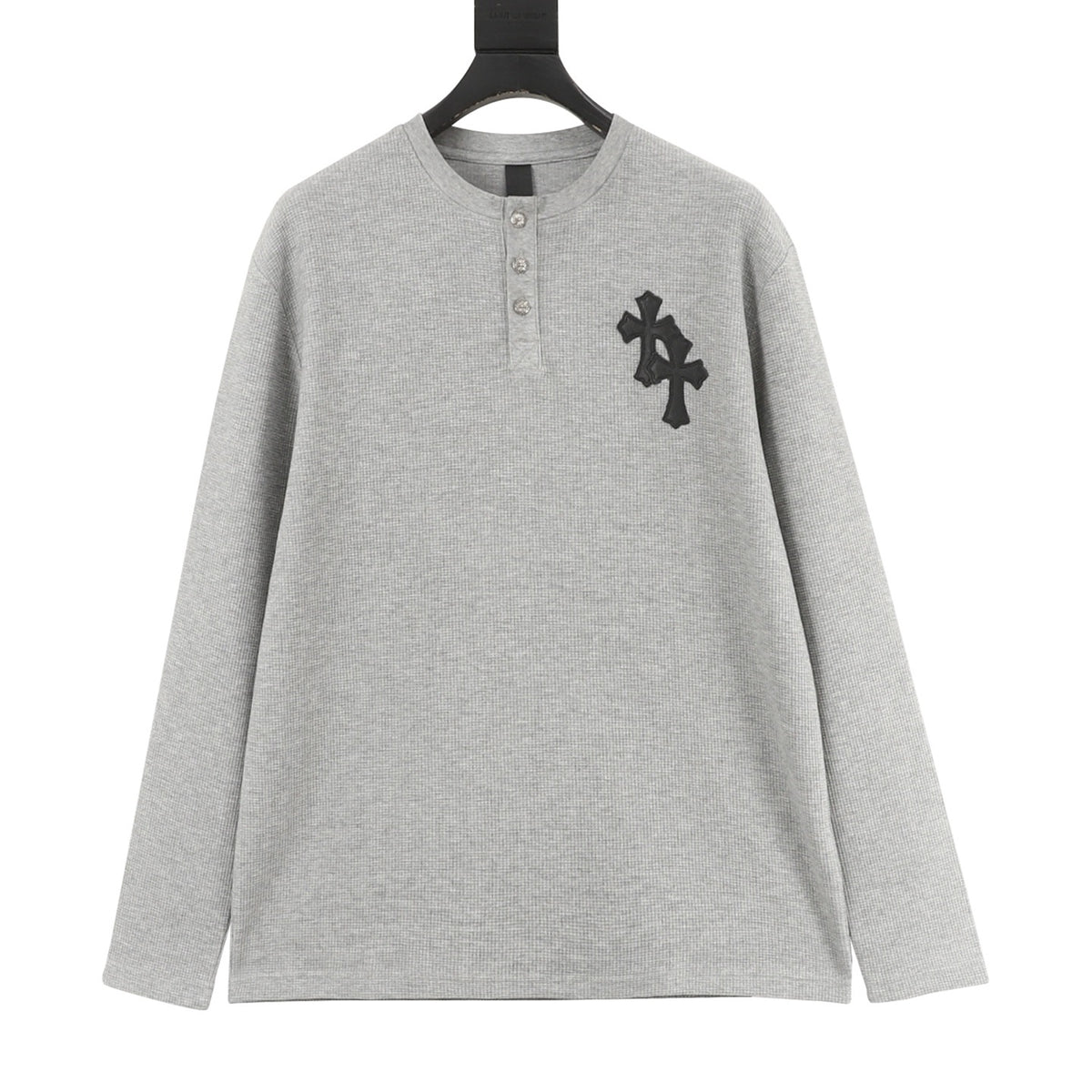 Chrome Hearts Cross Patch Waffle-Knit Henley Long-Sleeve Top front view