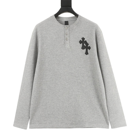 Chrome Hearts Cross Patch Waffle-Knit Henley Long-Sleeve Top front view