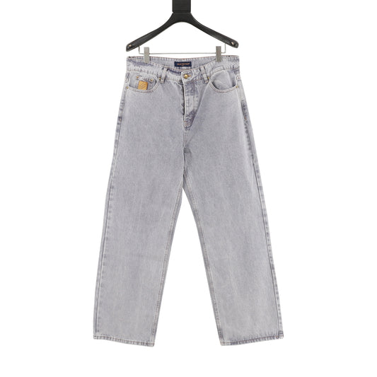 Louis Vuitton Leather-Patch Faded Denim Trousers - Blue front view