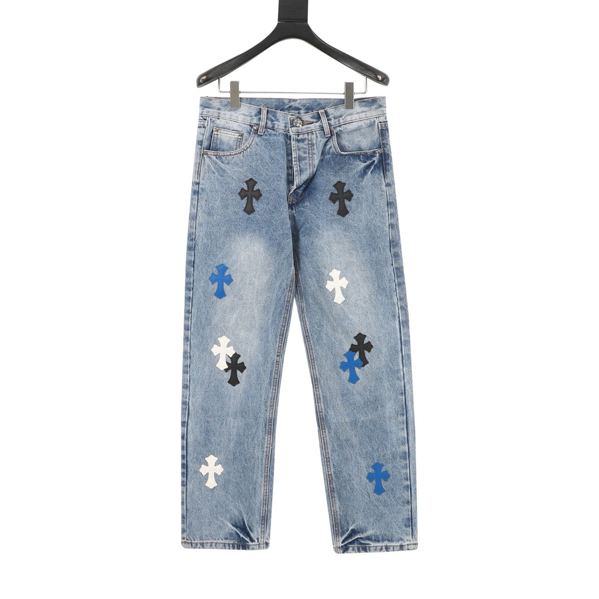 Chrome Hearts Cross Patch Embroidered Washed Jeans front view