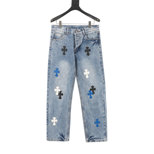 Chrome Hearts Cross Patch Embroidered Washed Jeans front view