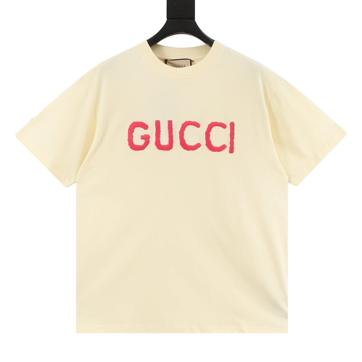 Gucci Pink Letter Logo Embroidered T-Shirt front view