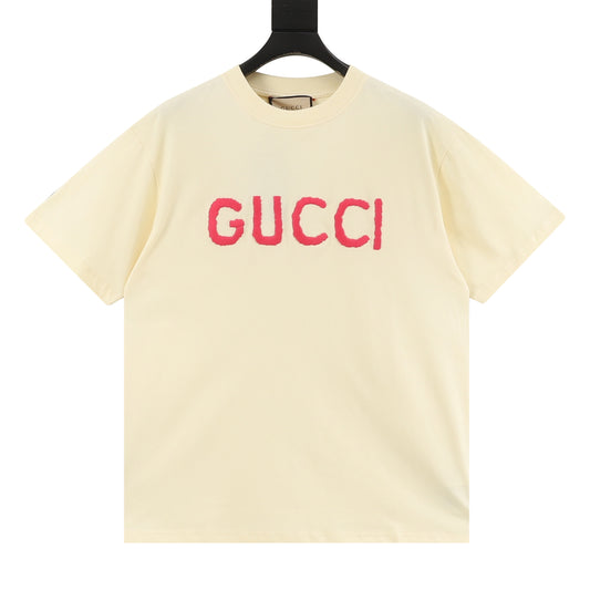 Gucci Pink Letter Logo Embroidered T-Shirt front view