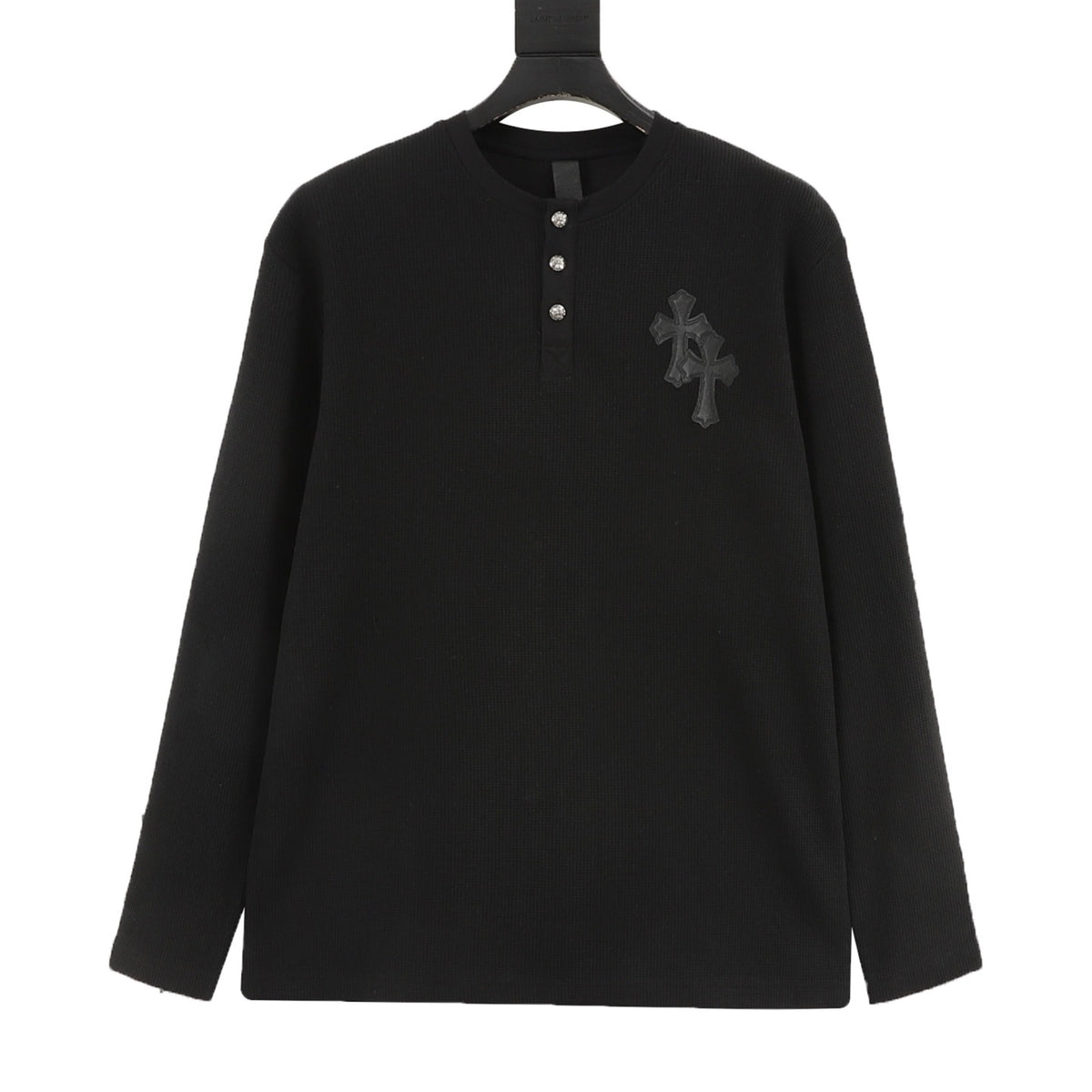 Chrome Hearts Cross Patch Waffle-Knit Henley Long-Sleeve Top front view