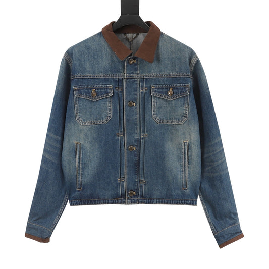 Louis Vuitton Leather-Trim Denim Jacket - Blue front view