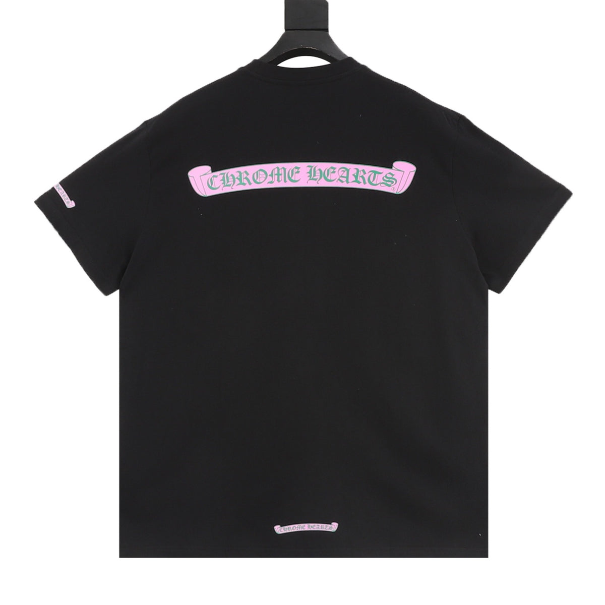 Chrome Hearts Pink and Green Gothic Scroll Print T-Shirt front view