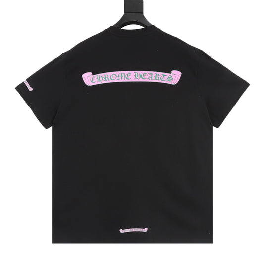 Chrome Hearts Pink and Green Gothic Scroll Print T-Shirt front view