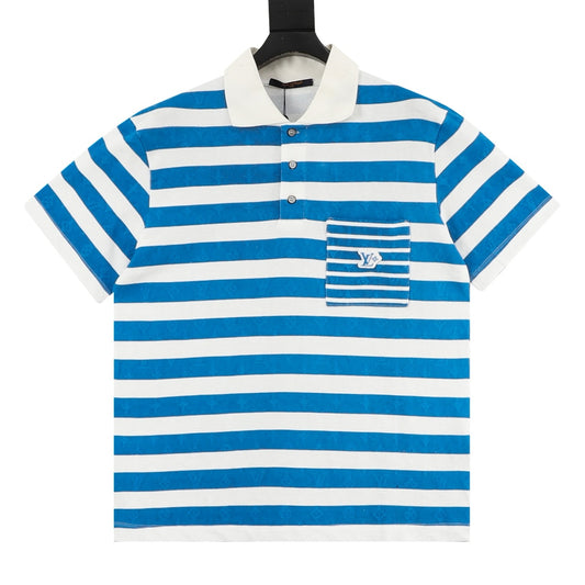 Louis Vuitton Blue-Stripe Short-Sleeve Polo - White front view