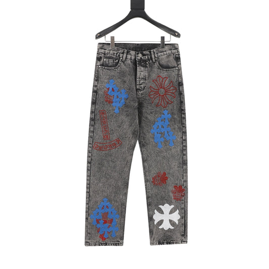 Chrome Hearts Cross Patch Embroidered Washed Jeans front view