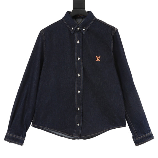 Louis Vuitton Leather-Patch Denim Long-Sleeve Shirt - Dark Blue front view