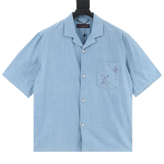Louis Vuitton Embroidered Chambray Short-Sleeve Shirt - Blue front view