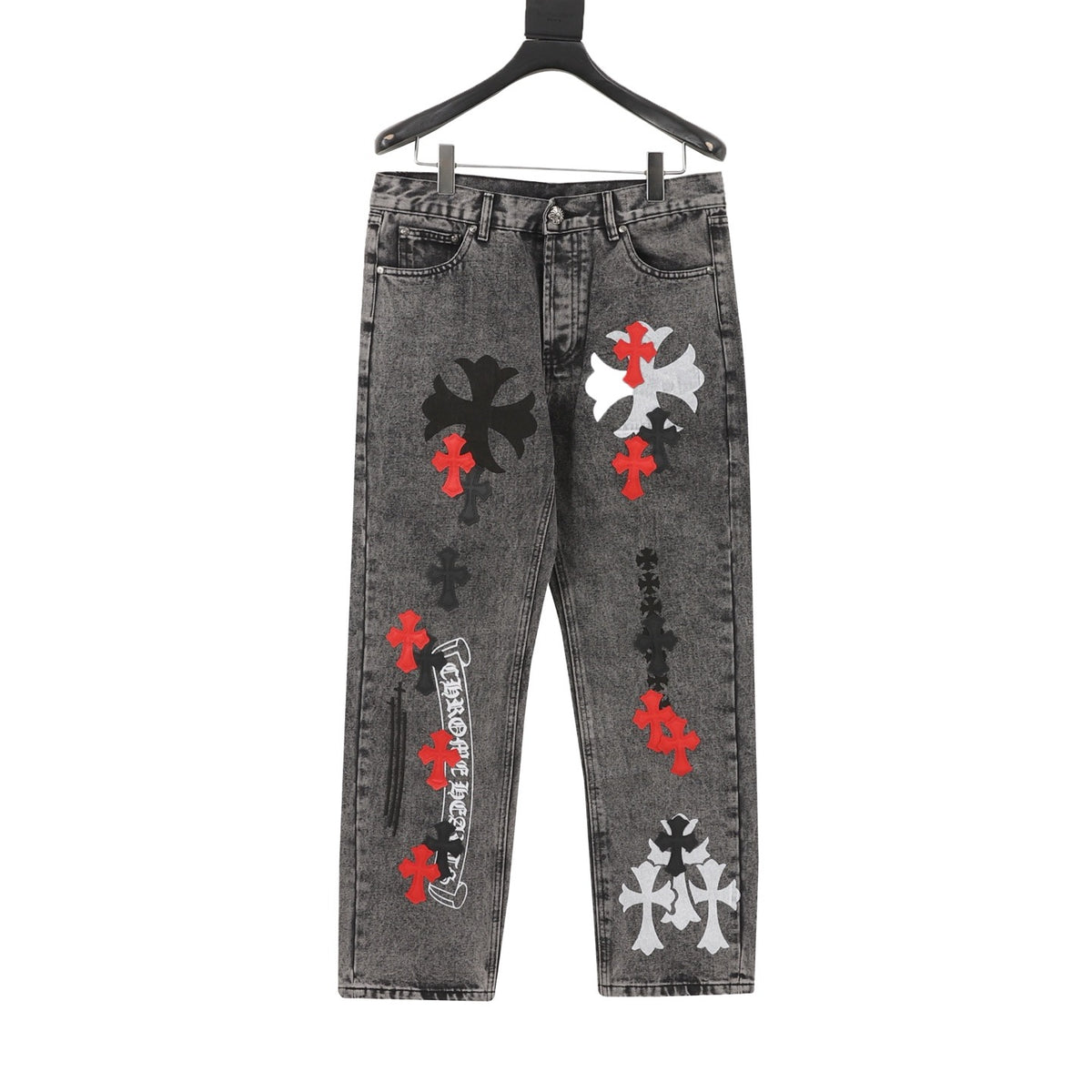 Chrome Hearts Cross Patch Embroidered Washed Jeans front view