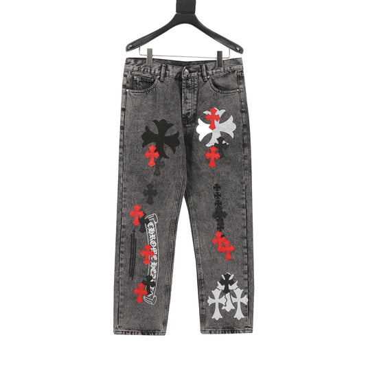 Chrome Hearts Cross Patch Embroidered Washed Jeans front view