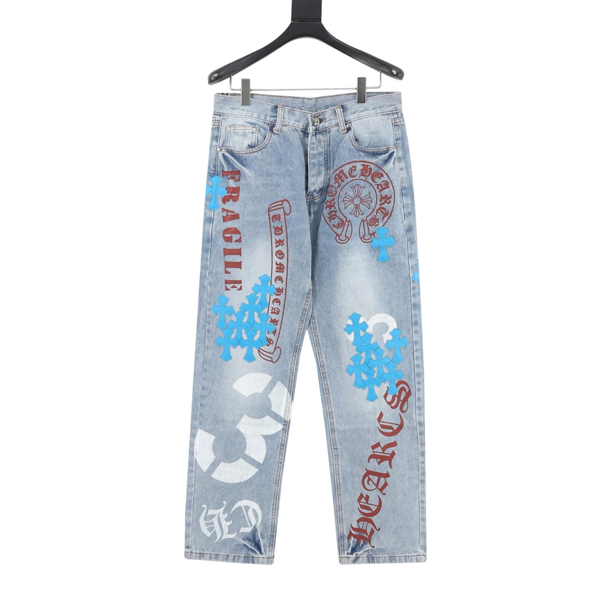 Chrome Hearts Cross Patch Embroidered Washed Jeans front view