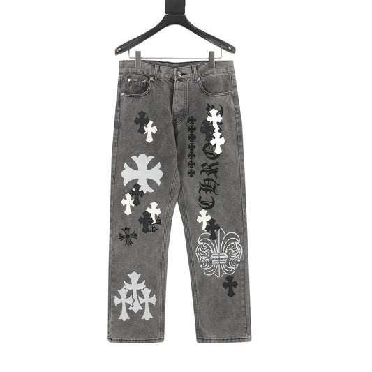 Chrome Hearts Cross Patch Embroidered Washed Jeans front view