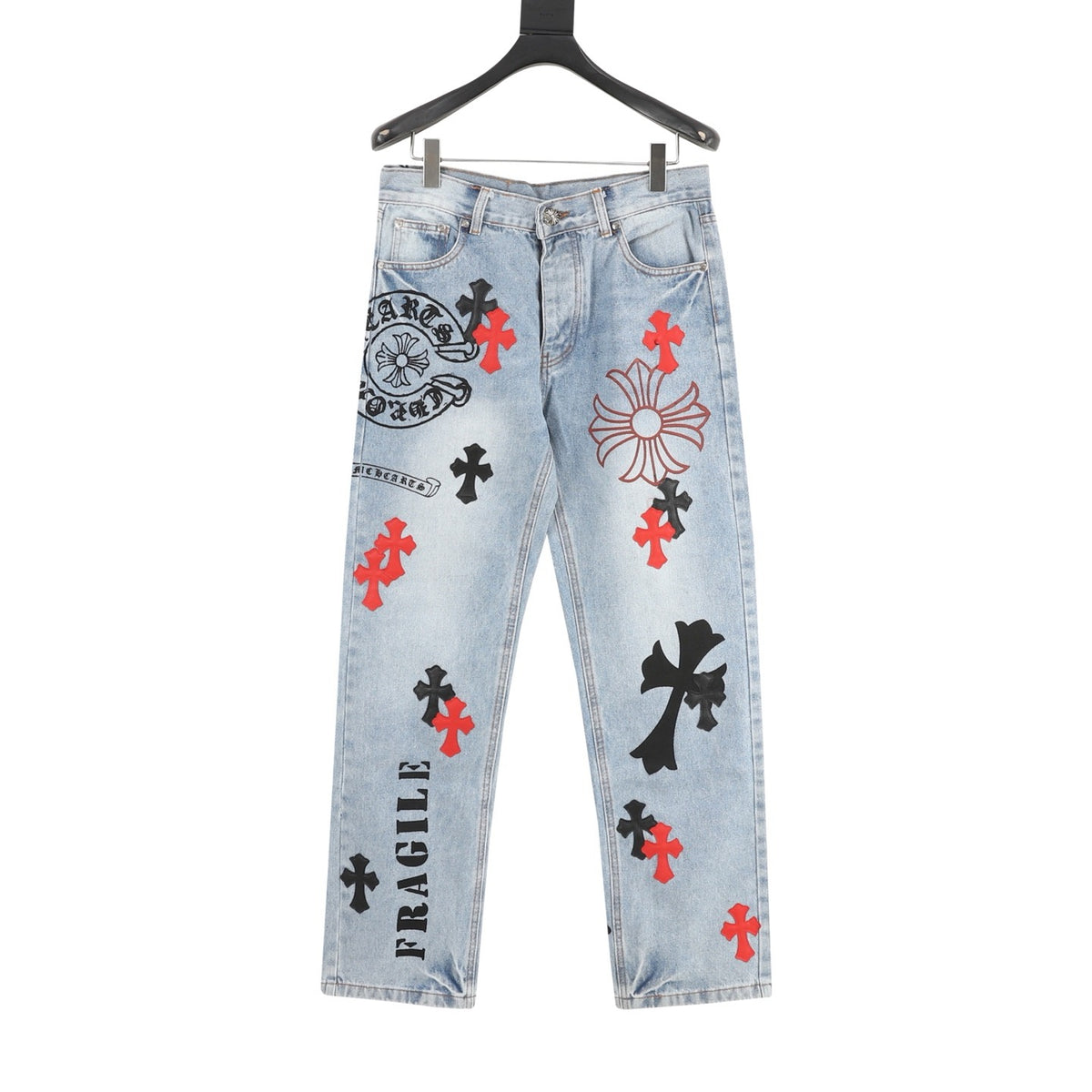 Chrome Hearts Cross Patch Embroidered Washed Jeans front view