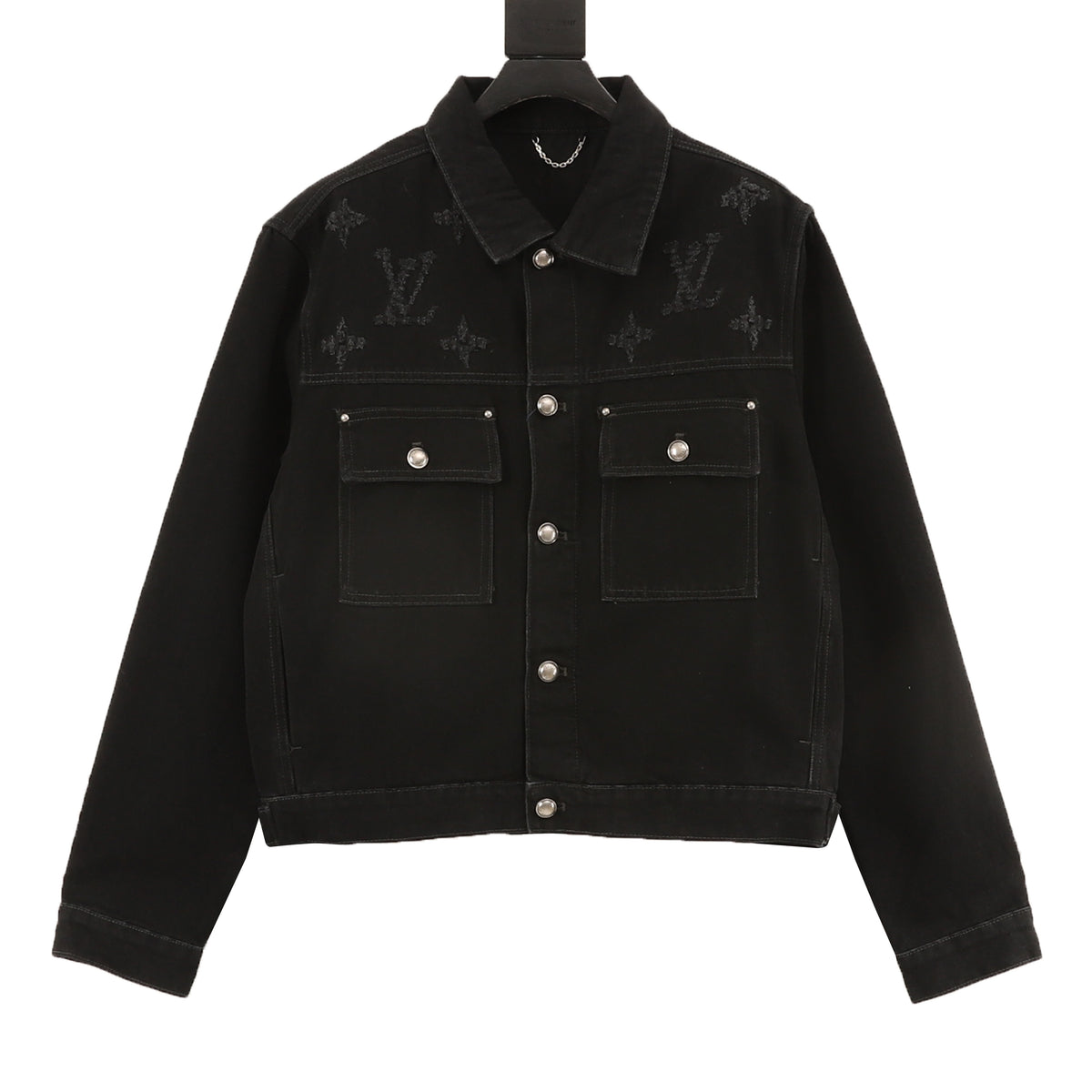 Louis Vuitton Monogram Distressed Denim Jacket - Black front view