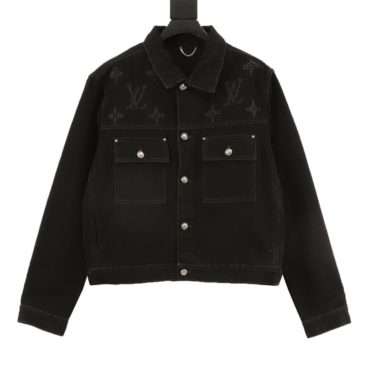Louis Vuitton Monogram Distressed Denim Jacket - Black front view