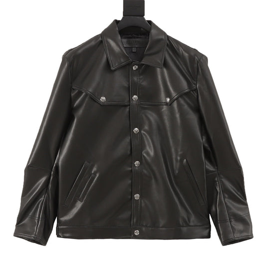Chrome Hearts Sleeve Embroidered Leather Jacket front view